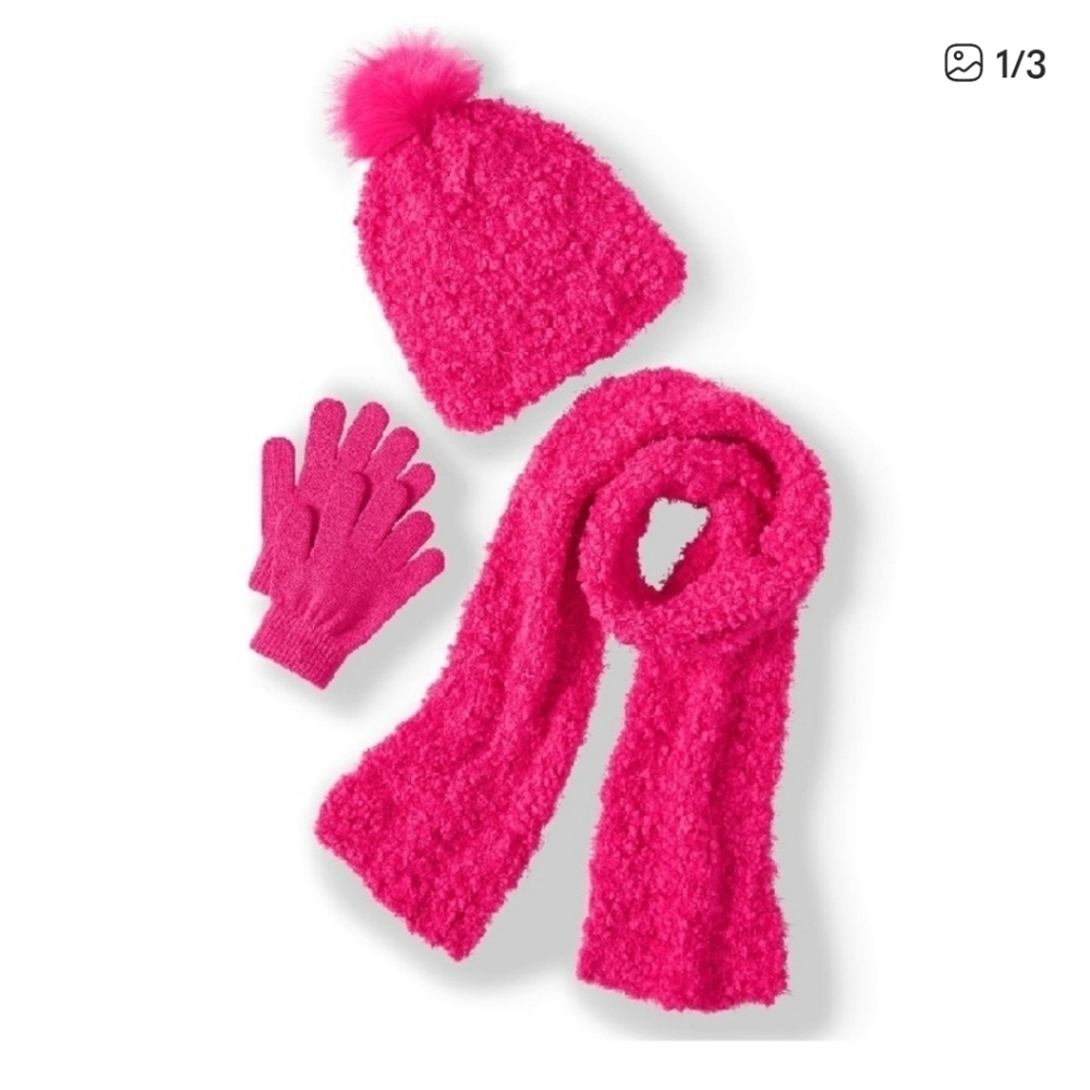 NWT Bright Pink Girl's Textured Winter Hat, Scarf, and Gloves Set